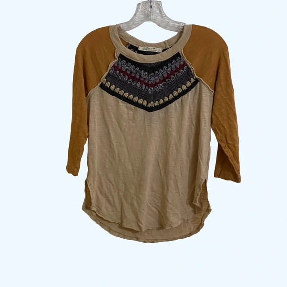 We The Free Tan Crochet Top 3/4 Sleeve Comfy Knit XS - Picture 3 of 7